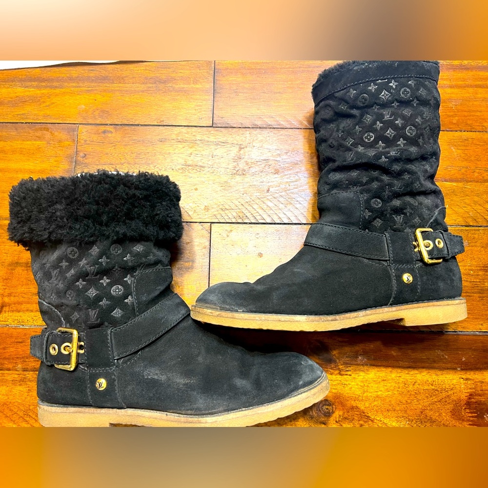 Louis Vuitton Black Ankle Boots with Gold Accents